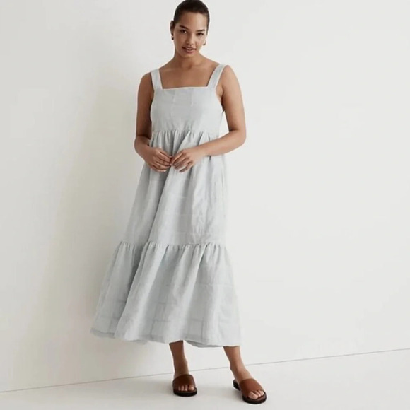 Madewell Cicely Tiered  Midi Maxi Dress Patchwork Blue White Size 20W Seersucker - Picture 1 of 7